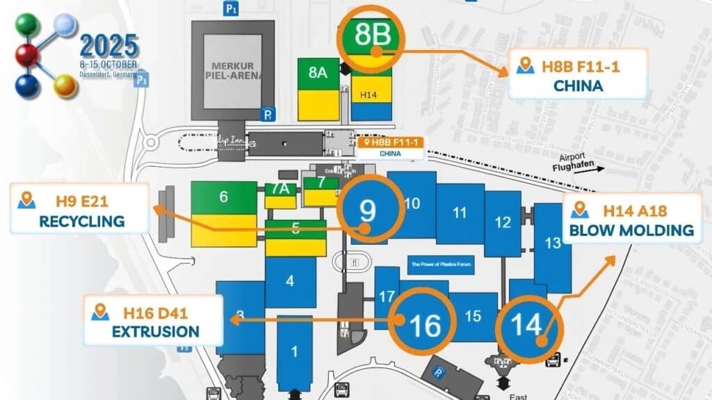 Maquinaria JWELL na k 2025 Düsseldorf: novas descobertas globais em tecnologia de extrusão de plástico e moldagem por sopro 2 Mapa de distribuição da perspetiva da JWELL no pavilhão de exposições K2025