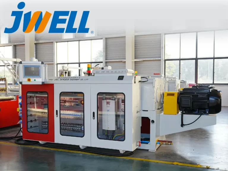 JWELL 80/156 conical twin screw extruder equipped with Siemens PLC touchscreen control interface
