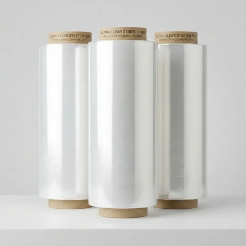 Bulk LLDPE stretch film rolls produced by multi-layer cast film extrusion line, featuring 400% stretch ratio and high transparency.