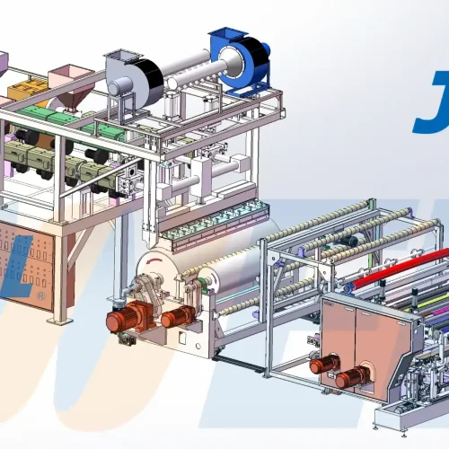 3D simulation rendering of a high-speed multi-layer cast film extrusion line for LLDPE stretch film production.